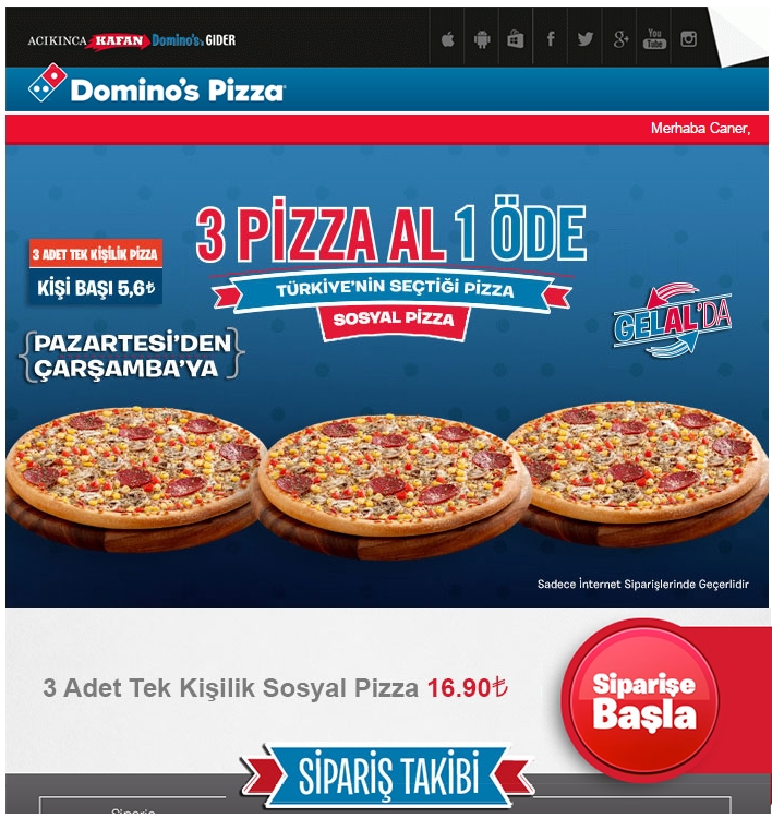 3 Adet Tek Kişilik Sosyal Pizza 17 TL 'Dominos' (gelal da geçerli