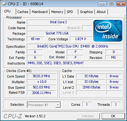 Core 2 Duo E4400 %152 hız aşırtma ile 5020MHz'e çıkartıldı