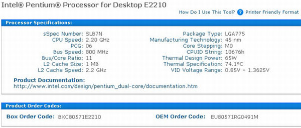 Intel 45nm Pentium E2210 işlemcisini kullanıma sunuyor