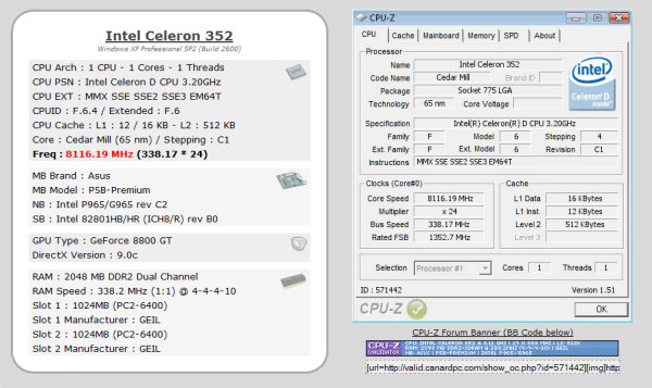 Intel Celeron 352 hız aşırtma ile 8116MHz'e çıkartıldı