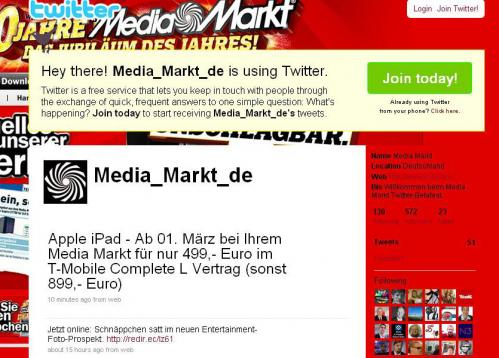 Media Markt'ın Twitter mesajı: iPad 1 Mart'ta 499 Avro'dan satışa sunulacak (Güncellendi)