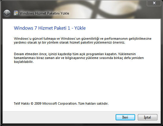 Windows 7 Hizmet Paketi 1'den ekran görüntüleri