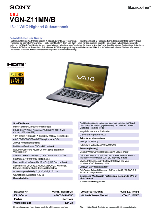 Sony'nin Centrino 2 tabanlı VAIO Z modelleri detaylarıyla ortaya çıktı