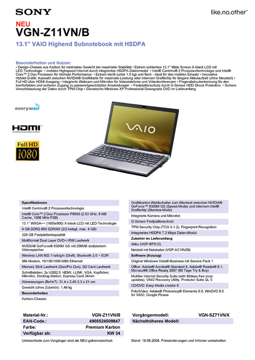 Sony'nin Centrino 2 tabanlı VAIO Z modelleri detaylarıyla ortaya çıktı