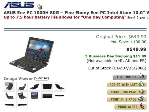 Asus Eee PC 1000H'nin fiyatı 100$ düştü