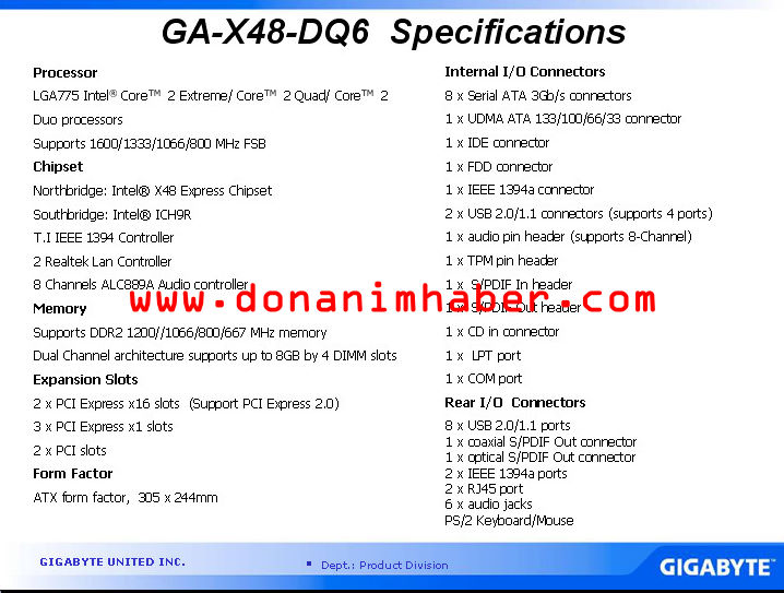 GIGABYTE X48-DQ6'nın teknik özellikleri ve detayları
